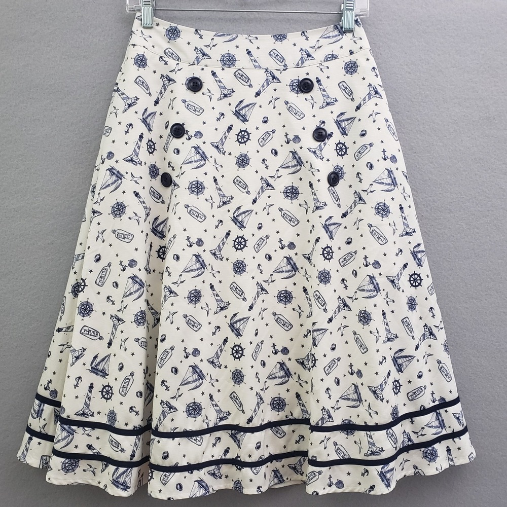 Voodoo Vixen Womens S A-Line Skirt Cream Navy Nautical Sailor Rockabilly Retro